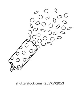 Confetti clapper with polka dot black and white vector illustration. Party popper simple ink sketch for coloring. Holiday festive cracker drawing