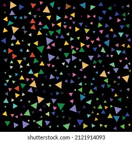 Confetti o colección de triángulos coloreados sobre fondo negro, patrón de triángulos coloridos