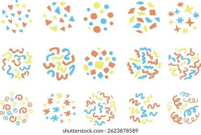 Confetti collection with colorful hand-drawn shapes. Playful abstract elements ideal for party, birthday, and festive graphic projects.