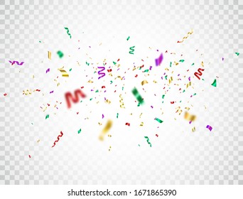 Confetti color explosion on transparent background. Falling colorful confetti. Bright festive tinsel. Party backdrop. Holiday design elements for web banner, poster, flyer. Vector illustration