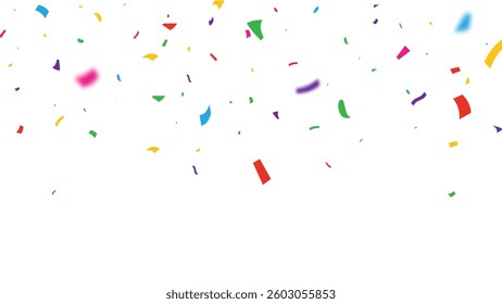 Confetti color falling on transparent background. Bright colorful tinsel. Party backdrop. Holiday design element. Festive firework. Carnival celebration. Birthday serpentine decor.Vector illustration.