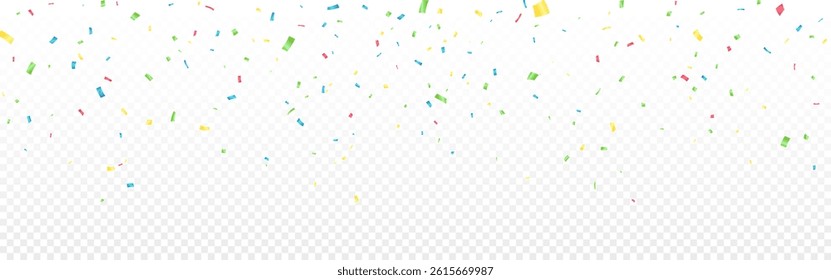 Confetti color pieces on transparent background. Falling serpentine for party, celebration or birthday design. Bright colorful elements for festive or anniversary decoration. Vector illustration.
