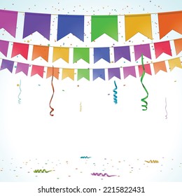 Confetti and colored bunting isolated on white background. Celebration and Party, Streamers, Vector Illustration