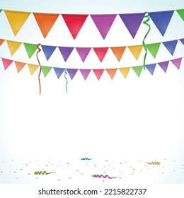 Confetti and colored bunting isolated on white background. Celebration and Party, Streamers, Vector Illustration