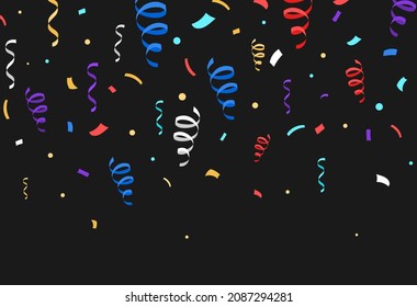 Confetti colorful background. Dark background with curved serpentine ribbons and space for text. Design element for birthday, anniversary and celebration card. Cartoon flat vector illustration