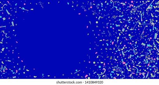 Confetti. Colorful colored confetti on a blue background. Festive festive background. Suitable for postcard background, banner, poster, cover design.