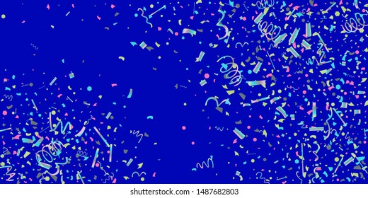 Confetti. Colorful colored confetti on a blue background. Festive festive background. Suitable for postcard background, banner, poster, cover design.
