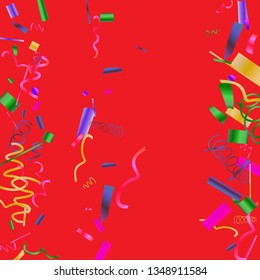 Confetti. Colorful colored confetti on a red background. Festive festive background. Suitable for postcard background, banner, poster, cover design.