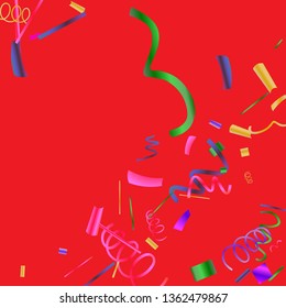 Confetti. Colorful colored confetti on a red background. Festive festive background. Suitable for postcard background, banner, poster, cover design.