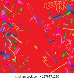 Confetti. Colorful colored confetti on a red background. Festive festive background. Suitable for postcard background, banner, poster, cover design.