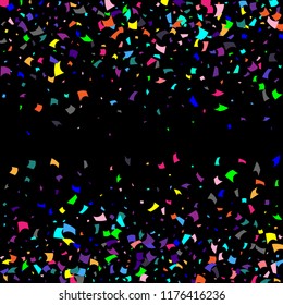 Confetti. Colorful confetti on a black background. Holiday festive background. Suitable for postcard background, banner, poster, cover design.Vector.