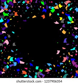 Confetti. Colorful confetti on a black background. Holiday festive background. Suitable for postcard background, banner, poster, cover design.Vector.
