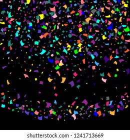 Confetti. Colorful confetti on a black background. Holiday festive background. Suitable for postcard background, banner, poster, cover design.Vector.