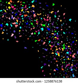 Confetti. Colorful confetti on a black background. Holiday festive background. Suitable for postcard background, banner, poster, cover design.Vector.