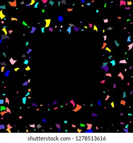 Confetti. Colorful confetti on a black background. Holiday festive background. Suitable for postcard background, banner, poster, cover design.Vector.