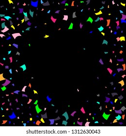 Confetti. Colorful confetti on a black background. Holiday festive background. Suitable for postcard background, banner, poster, cover design.Vector.