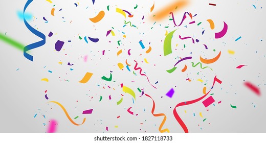 confetti and colorful ribbons. Celebration background template with