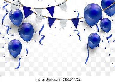 Fondo de diseño conceptual de Confetti. globos azules, ilustración del Vector de celebración. Banderas de fiesta con confetti.