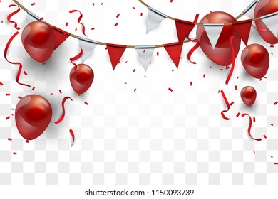 Confetti concept design background. Red White balloons, Celebration Vector illustration. Party flags with confetti.