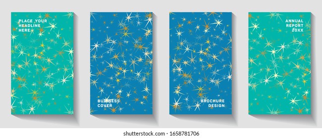 Confetti cover from gold stars. Template for holiday designs, invitation, party, birthday, wedding. Shining Banners Set. Vector illustration.