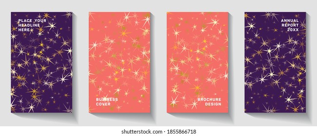 Confetti cover from gold stars. Template for holiday designs, invitation, party, birthday, wedding.  Shining Banners Set.  Vector illustration.