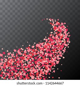 Confetti cover. Path with falling hearts shapes. Transparent background. Magic vector waves with particles isolated on black background. Sparkle hearts form stardust. Magical trail with hearts