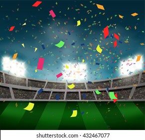 confetti and crowed of people in the stadium celebrate for football match in night time with spot light backdrop, This design in vector illustration for banner or template