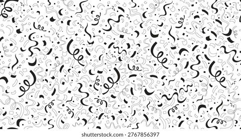 Confetti curling streamers black and white repeating pattern. Party surprise. Endless tileable background. Line art illustration. Outline icon motif. Decorative repetition. All over print composition