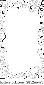 Confetti curling streamers black and white vertical border copyspace. Seamless repeat pattern frame. Flat line graphic composition with copy space. Outline vector background. Social media template
