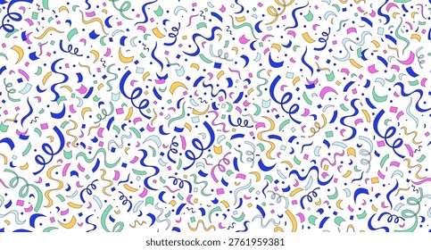 Confetti curling streamers seamless pattern illustration. Party surprise. Repeat fill background. Tileable decorative graphic. All over print vector design in flat 2D style. Endless motif composition