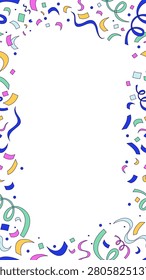 Confetti curling streamers vertical frame copy-space. Seamless pattern composition with copyspace. Decorative border background for social media stories. Vector illustration. Flat 2D cartoon style