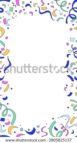 Confetti curling streamers vertical frame copy-space. Seamless pattern composition with copyspace. Decorative border background for social media stories. Vector illustration. Flat 2D cartoon style