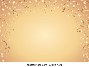 Confetti and curly ribbons with gold color background