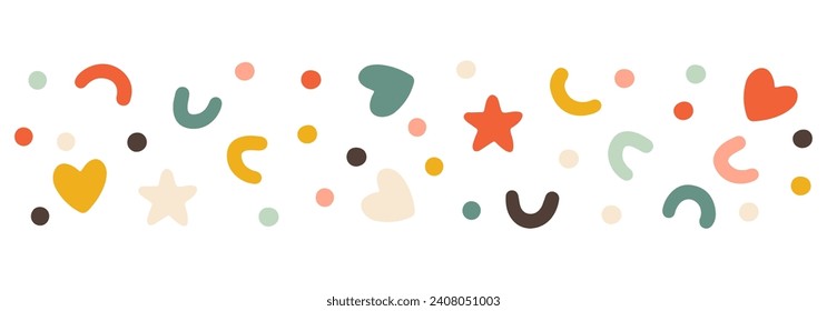 Confetti of different shapes in a pastel vintage palette. Border vector illustration in simple hand drawn modern style. Isolate on a white background