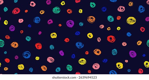 Confetti dots seamless pattern. Hand draw salute. Abstract texture dots. Vector pencil art. Rounds child scribble print on black night background. Childish fun crayon style