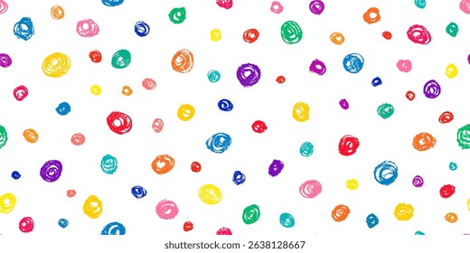 Confetti dots seamless pattern. Vector pencil circles. Hand drawn grunge salute. Abstract color texture dots. Rounds child scribble print on white background. Childish fun crayon style