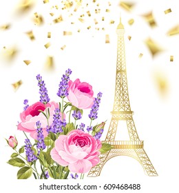 Confetti with eiffel tower. Eiffel tower and falling confetti. Golden confetti falls isolated over white background. Vector illustration.