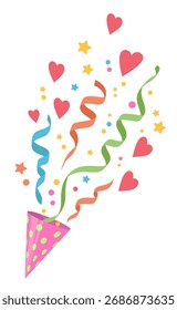 Confete Explodindo de um Pai de Festa. Foguetes com confetes, corações de cor e galhardetes voando no ar, elemento de design da festa de celebração. 