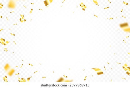 Confetti explosion. Bright flying serpentine. Gold falling elements. Christmas, anniversary or birthday decoration. Carnival golden paper frame. Vector illustration.