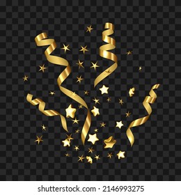 Confetti Explosion For Celebrate Fun Event Vector. Festival Surprise Party Confetti Explosion Ornament, Golden Foil In Star Form And Swirl Ribbon Exploding. Template Realistic 3d Illustration