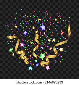 Confetti Explosion For Celebrate Holiday Vector. Surprise Party Confetti Explosion Decoration, Multicolored Foil In Star Shape And Golden Ribbon Exploding. Template Realistic 3d Illustration