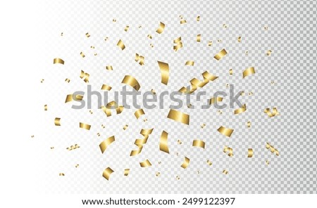 Confetti explosion. Celebration background with golden confetti isolated on transparent background. Shiny golden paper cuts. Confetti, serpentine, tinsel falling. Decoration for birthday, holiday.