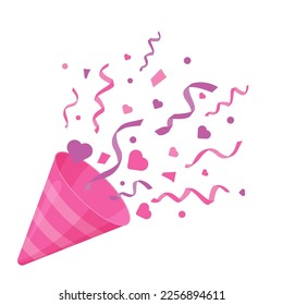 Confetti, explosion, firecracker, celebration. Cartoon style. Vector. Pink cute party papper. Party popper. Exploding festive popper with confetti. The element of celebrating a new year, birthday