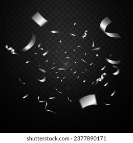 Confetti explosion on a black transparent background. Shiny silver paper pieces flying and spreading. vector illustration