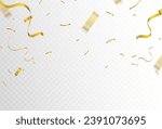 Confetti explosion on transparent background. Shiny golden paper pieces flying and spreading. blur. small and big. vector illustration