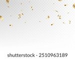 Confetti explosion on transparent background. Pieces of shiny gold paper flying and spreading. rotating ,colorful gold, minimalist ,blur,simple design eps 10