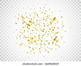 Confetti explosion on transparent background. Falling gold confetti. Bright golden festive tinsel. Party backdrop. Holiday design elements for web banner, poster, flyer. Vector illustration