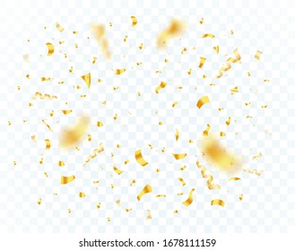 Explosión de confetti en fondo transparente. Luminosas piezas brillantes de papel dorado vuelan y se esparcen alrededor. Sorpresa estalló para la decoración festiva, carnaval, casino, fiesta, cumpleaños y aniversario. Vector.
