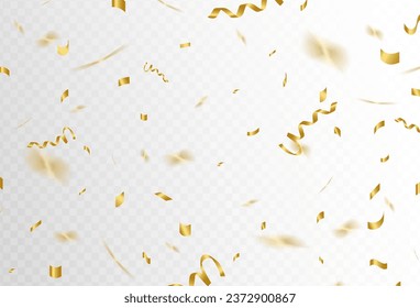 Explosión de confetti en un fondo transparente. Brillantes y brillantes piezas de papel dorado vuelan y se esparcen alrededor. ilustración vectorial