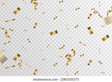 Confetti explosion on a transparent background. Shiny gold paper cutouts that fly and scatter
